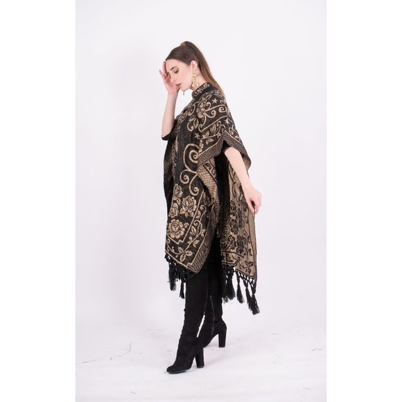 Mexican Our Lady of Guadalupe Poncho Cream Black